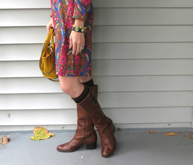 target paisley dress, phillip lim yellow satchel, equestrian boots, boots with socks, law school style