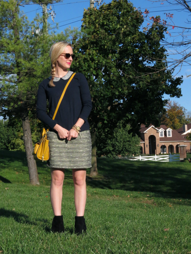 j crew peter pan collar, fringe ankle boots, ankle boots with skirt, indianapolis style blog