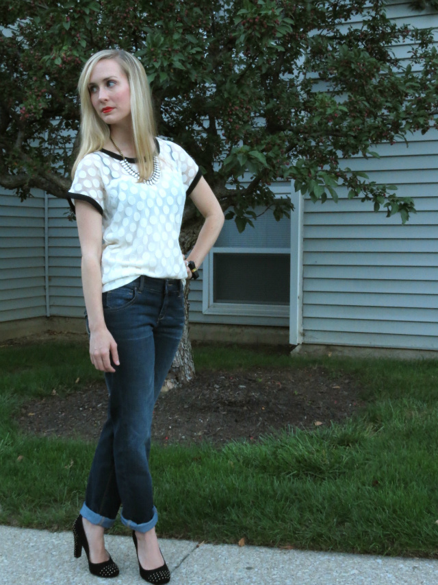 ann taylor polka dot top, ny & co slim slouch jeans, anne klein studded pumps, j crew sunflower necklace
