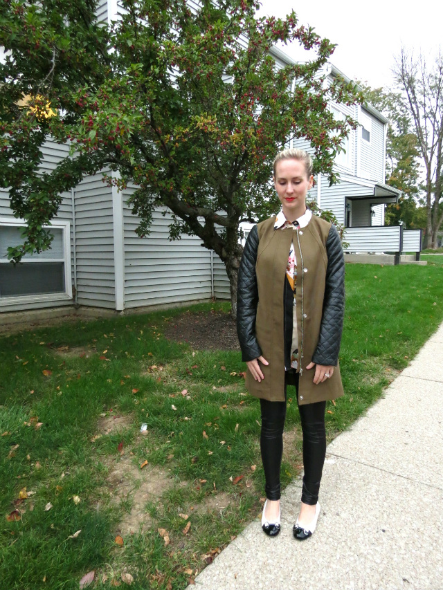 h&m leather sleeve trench, phillip lim for target shirt, faux leather leggings, braided updo, law school style blog
