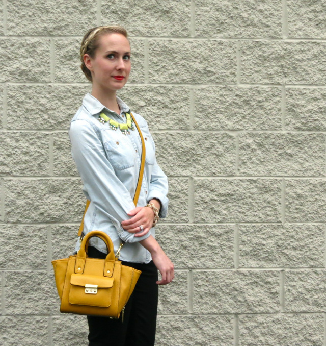 target chambray, ann taylor skinny black pants, phillip lim target satchel, blu bijoux statement necklace, j crew pave link bracelet