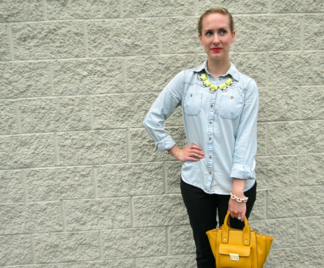 target chambray, ann taylor skinny black pants, phillip lim target satchel, blu bijoux statement necklace, j crew pave link bracelet