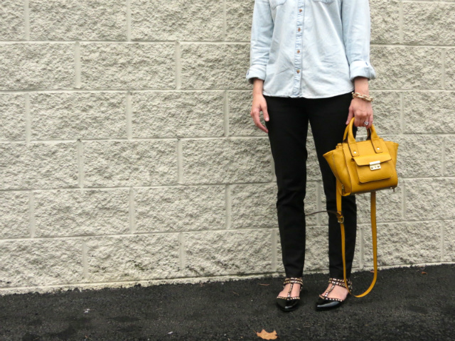 target chambray, ann taylor skinny black pants, phillip lim target satchel, blu bijoux statement necklace, j crew pave link bracelet