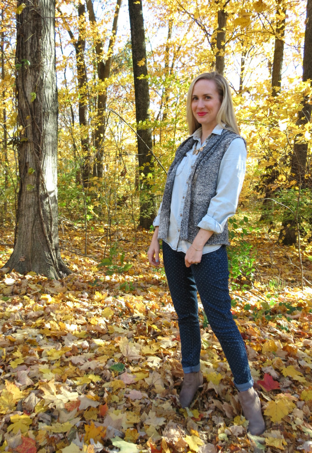 target light chambray, sweater vest, polka dot jeans, target wedge ankle boots, indianapolis style blog