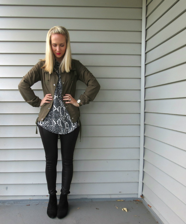 army jacket, faux leather leggings, timex weekender, flat ankle boots with leggings, law school style