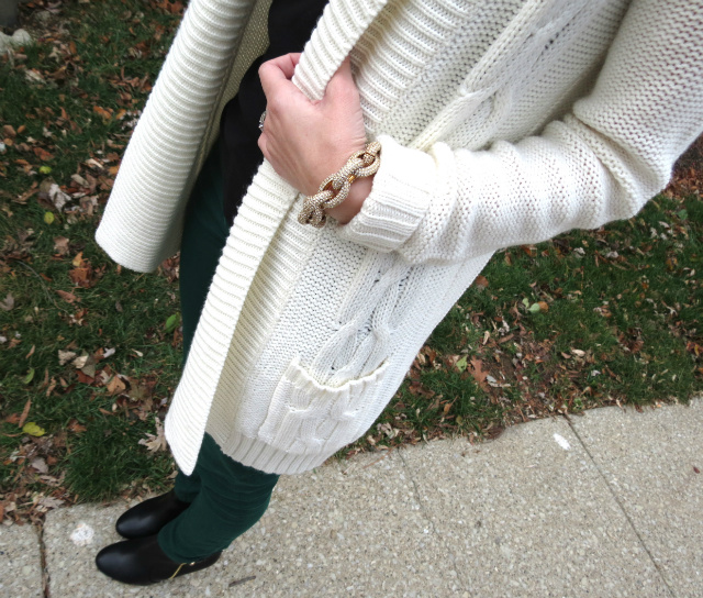 green skinny jeans, target cardigan, j crew necklace, skinny jeans and ankle boots