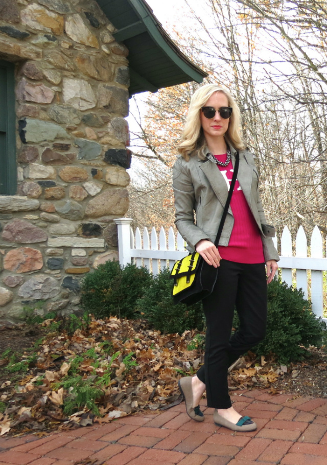 gray moto jacket, monogram sweater, asos satchel, plaid loafers, loopsway necklace, law school style