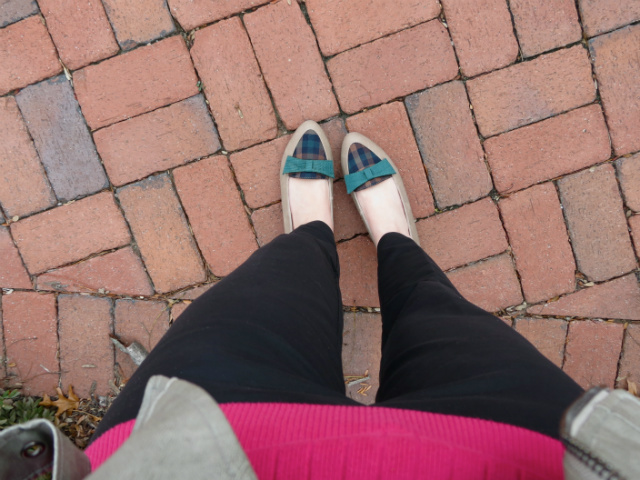 gray moto jacket, monogram sweater, asos satchel, plaid loafers, loopsway necklace, law school style