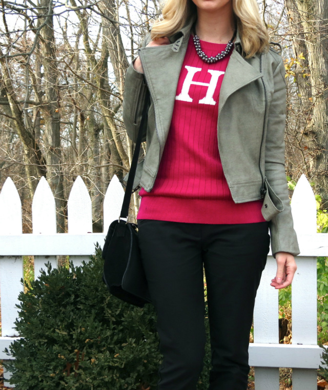 gray moto jacket, monogram sweater, asos satchel, plaid loafers, loopsway necklace, law school style
