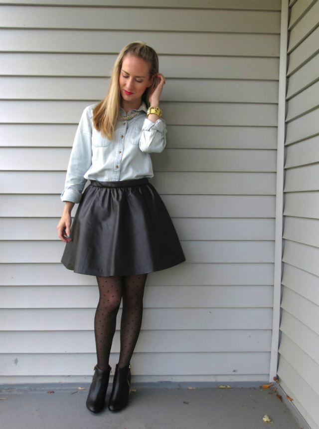 h&m leather skirt, swiss dot tights, black heeled ankle boots, target light chambray