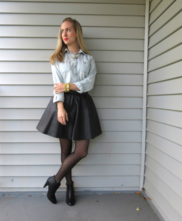 h&m leather skirt, swiss dot tights, black heeled ankle boots, target light chambray