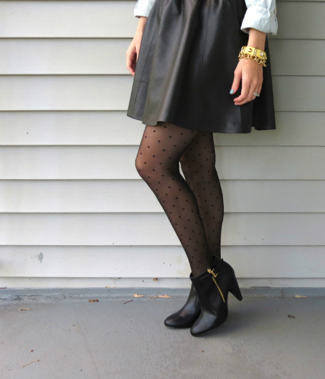 Suede short dress, black tights, high heels and lacquered gold watch -  Fashion Tights