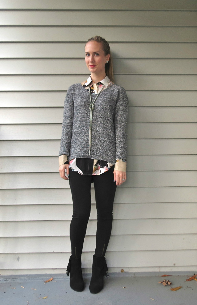boyfriend sweater, phillip lim target floral shirt, h&m fringe booties, ankle boots with leggings