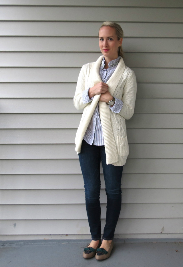 kohl's embellished shirt, target cardigan, american eagle jeggings, timex weekender, plaid bow loafer flats, law school style, grad school style