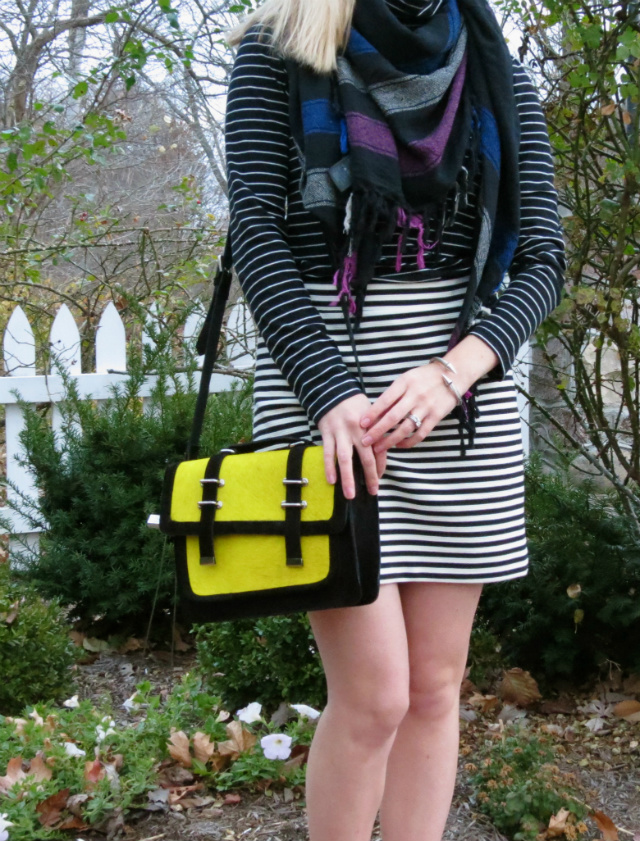 h&m isabel marant scarf, madewell striped skirt, mixing stripes, asos pumps, asos neon satchel