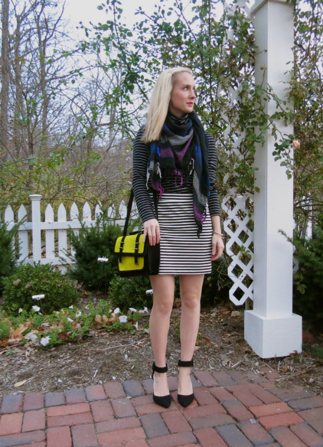 h&m isabel marant scarf, madewell striped skirt, mixing stripes, asos pumps, asos neon satchel