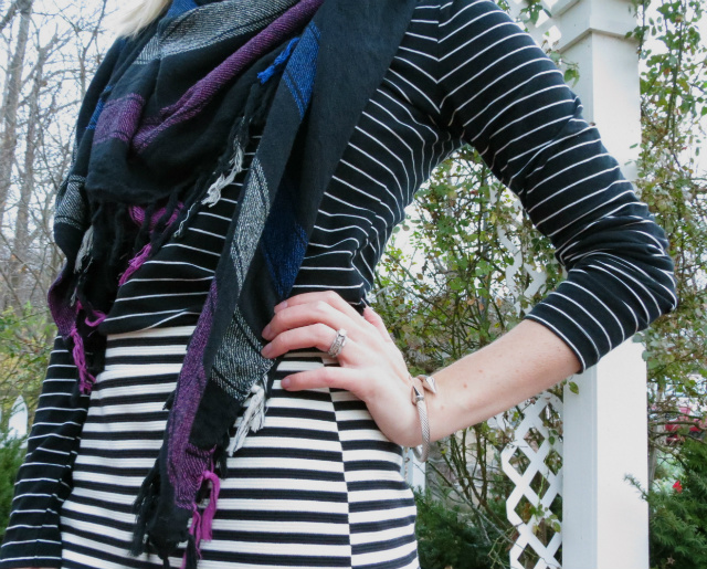 h&m isabel marant scarf, madewell striped skirt, mixing stripes, asos pumps, asos neon satchel