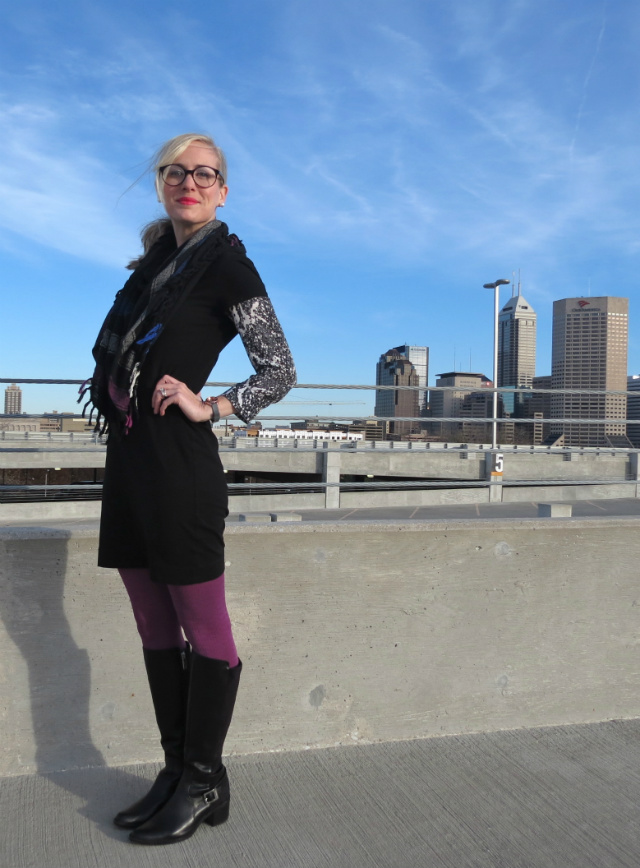 isabel marant h&m, purple tights, calvin klein boots, 7fam glasses, indianapolis fashion