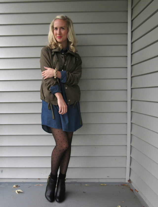 chambray dress, army jacket, polka dot tights, socks with ankle boots, how to wear ankle boots