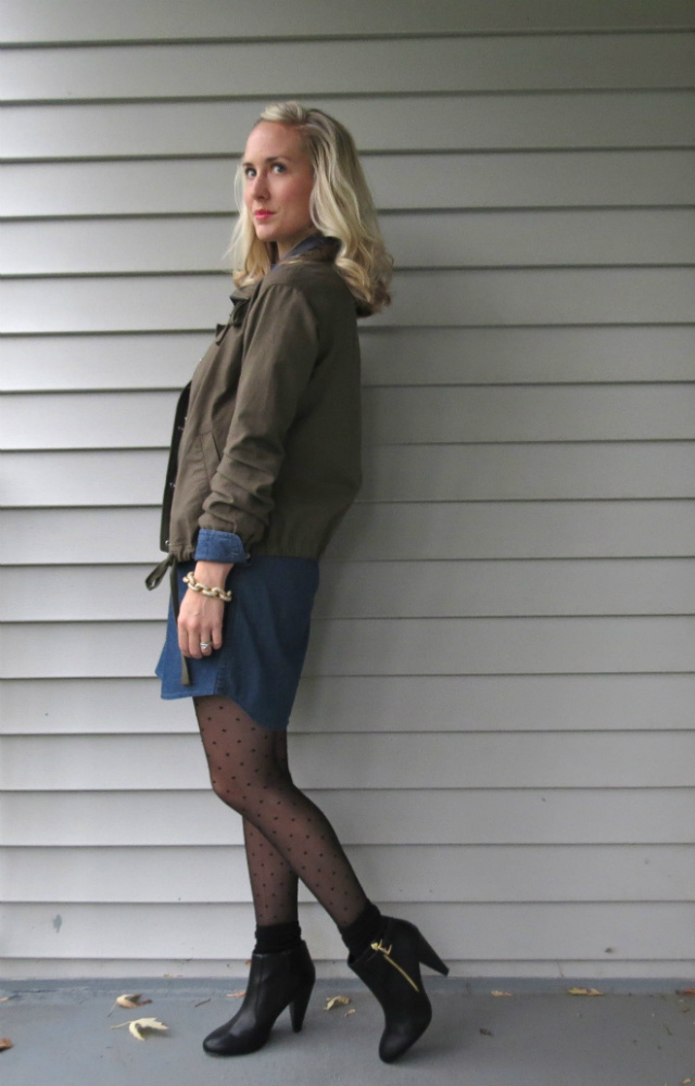 chambray dress, army jacket, polka dot tights, socks with ankle boots, how to wear ankle boots