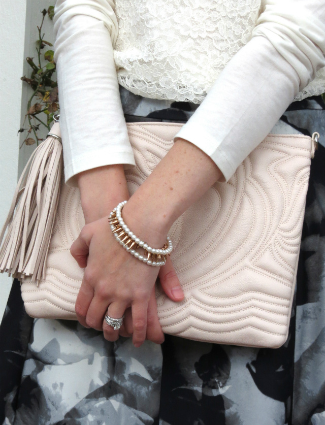 winter wedding guest attire, floral target skirt, rose gold, mod coat, h&m clutch, ann taylor lace shirt