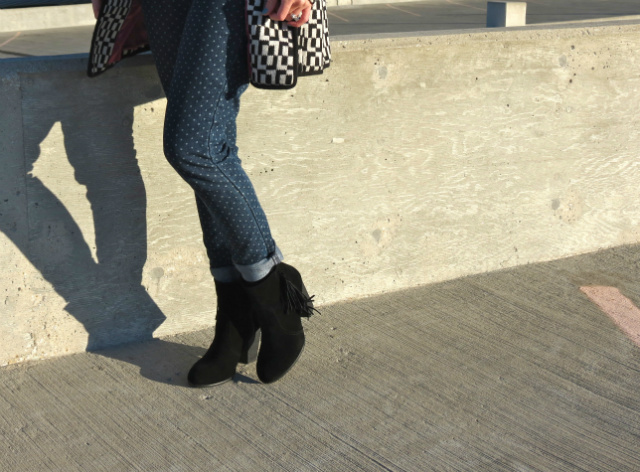 asos sweater, polka dot jeans, tulle printed coat, h&m fringe ankle boots, cuffed jeans with ankle boots, indianapolis style blog