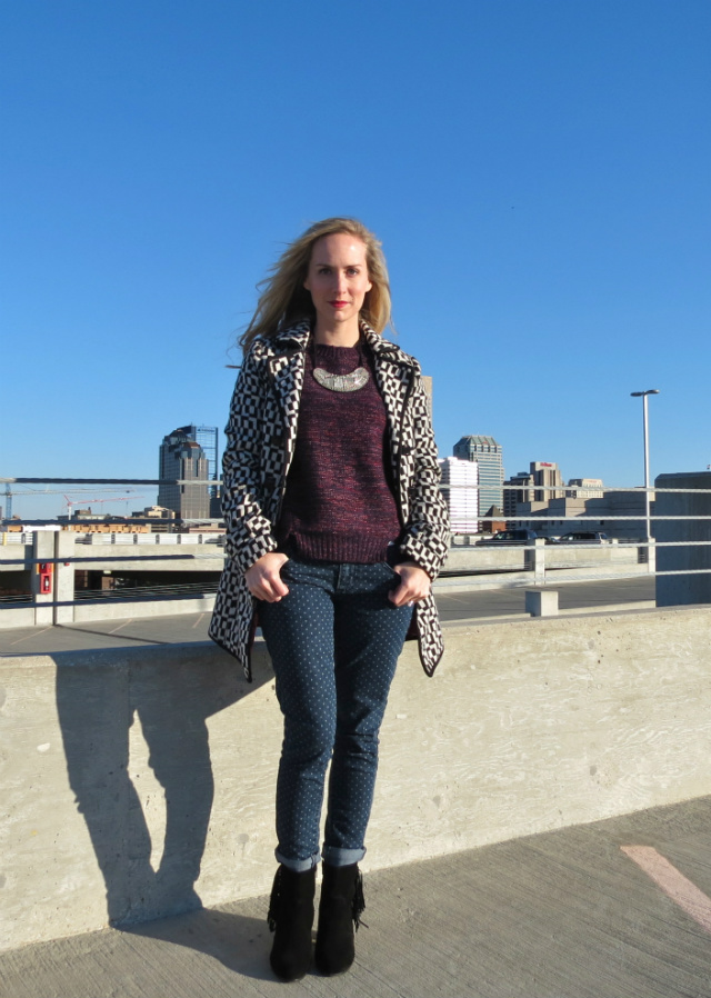 asos sweater, polka dot jeans, tulle printed coat, h&m fringe ankle boots, cuffed jeans with ankle boots, indianapolis style blog