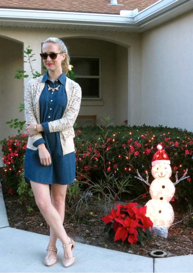 j crew chambray dress, lace bomber jacket, asos necklace, studded flats, kate spade sunglasses, madewell bracelet