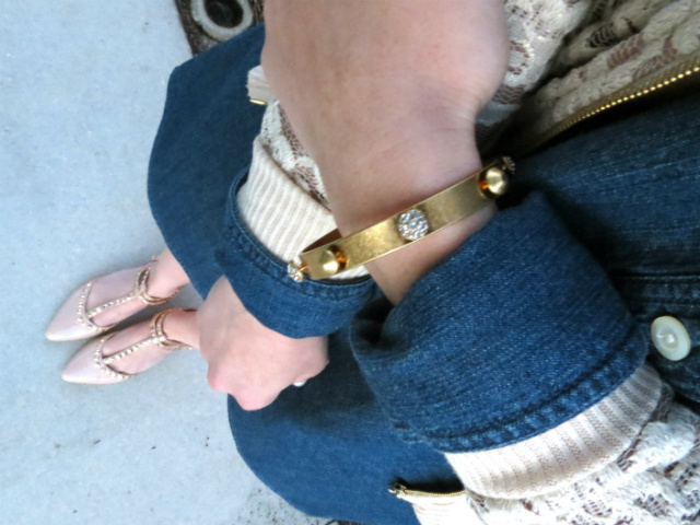 j crew chambray dress, lace bomber jacket, asos necklace, studded flats, kate spade sunglasses, madewell bracelet