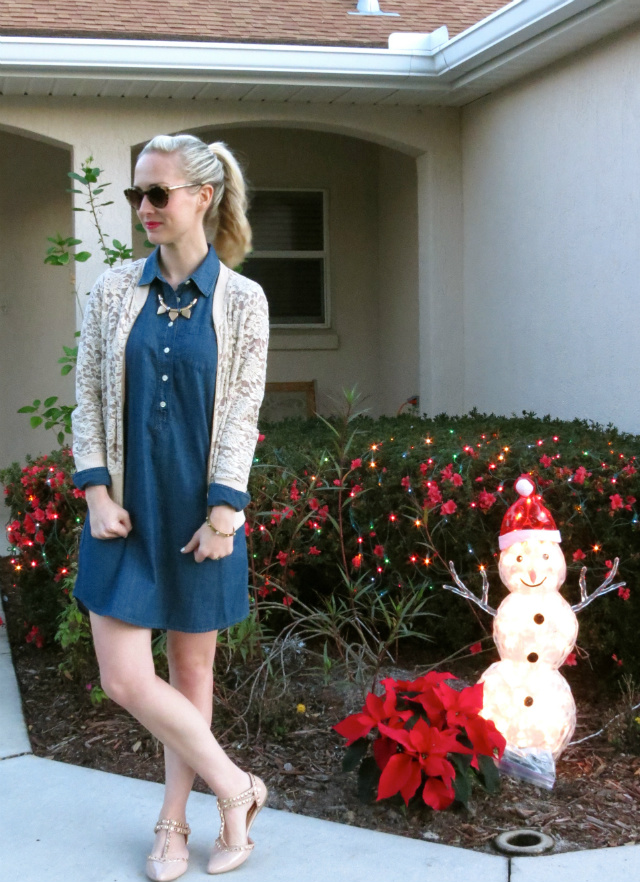 j crew chambray dress, lace bomber jacket, asos necklace, studded flats, kate spade sunglasses, madewell bracelet