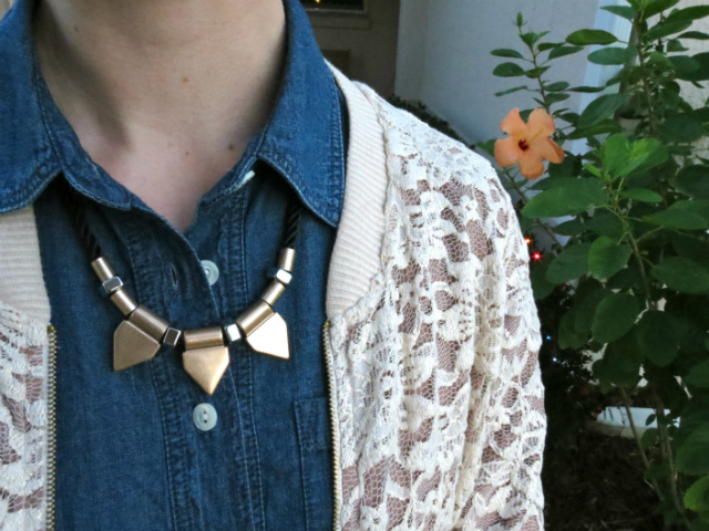 j crew chambray dress, lace bomber jacket, asos necklace, studded flats, kate spade sunglasses, madewell bracelet