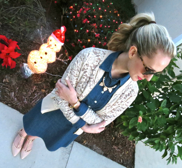 j crew chambray dress, lace bomber jacket, asos necklace, studded flats, kate spade sunglasses, madewell bracelet