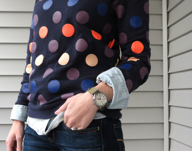 chambray with jeans, madewell polka dot sweatshirt, aldo studded boots, timex weekender