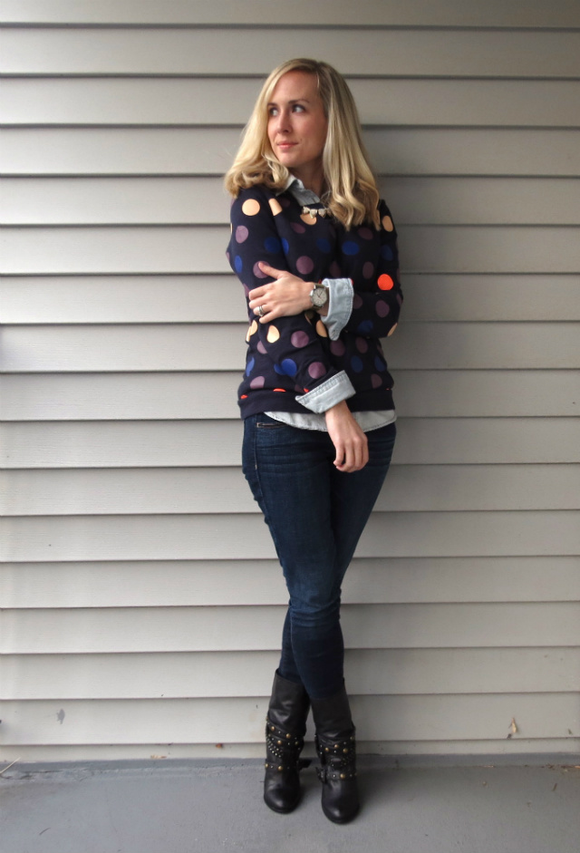 chambray with jeans, madewell polka dot sweatshirt, aldo studded boots, timex weekender