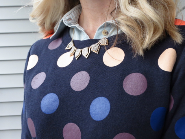 chambray with jeans, madewell polka dot sweatshirt, aldo studded boots, timex weekender