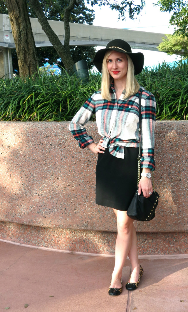 j crew plaid shirt, anthropologie felt hat, anne klein watch, knotted shirt over dress, christmas at epcot