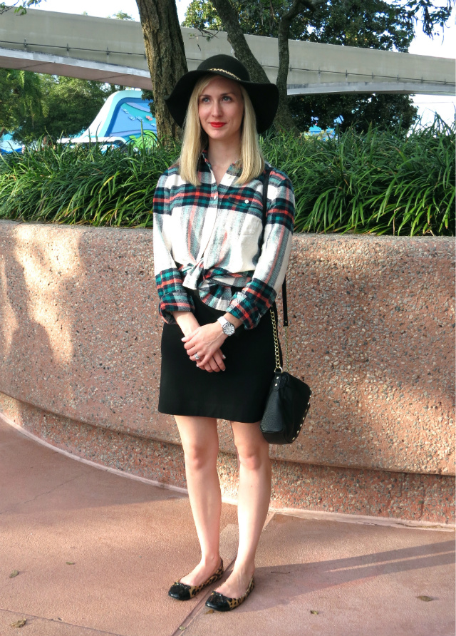 j crew plaid shirt, anthropologie felt hat, anne klein watch, knotted shirt over dress, christmas at epcot