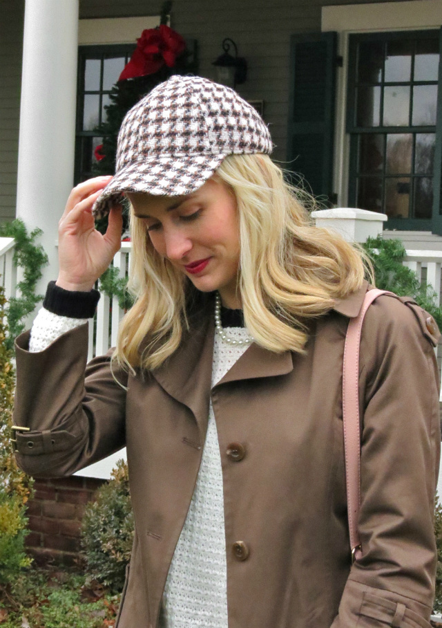 j crew houndstooth baseball cap, burgundy jeans, h&m cap toe flats, asos bow bracelet, revlon crush