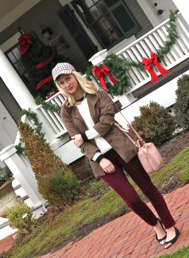 j crew houndstooth baseball cap, burgundy jeans, h&m cap toe flats, asos bow bracelet, revlon crush