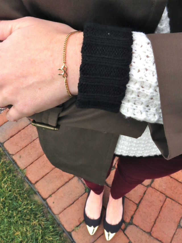 j crew houndstooth baseball cap, burgundy jeans, h&m cap toe flats, asos bow bracelet, revlon crush