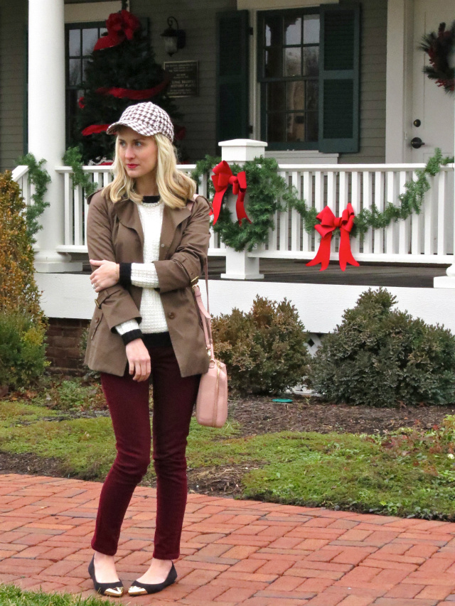 j crew houndstooth baseball cap, burgundy jeans, h&m cap toe flats, asos bow bracelet, revlon crush