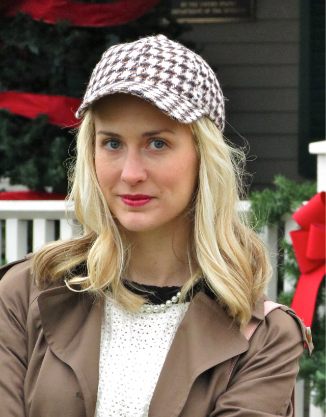 j crew houndstooth baseball cap, burgundy jeans, h&m cap toe flats, asos bow bracelet, revlon crush