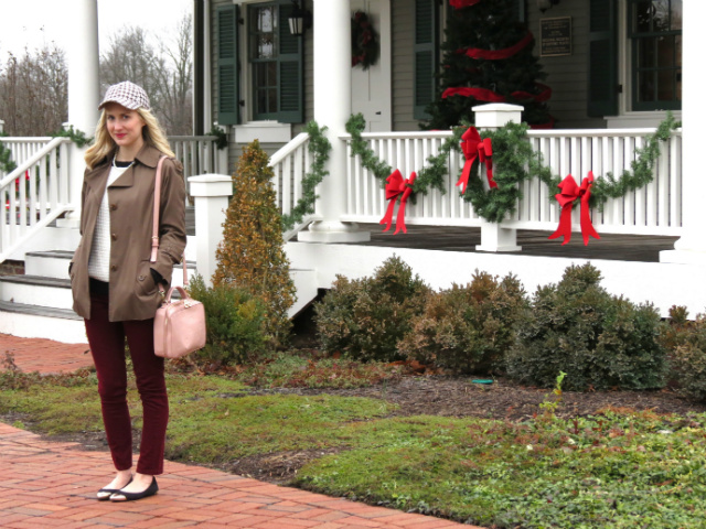 j crew houndstooth baseball cap, burgundy jeans, h&m cap toe flats, asos bow bracelet, revlon crush