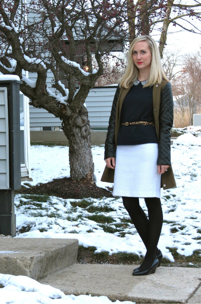 leather sleeve trench, peter pan collar, business casual outfit, law school style, madewell leopard belt, nine west wedges