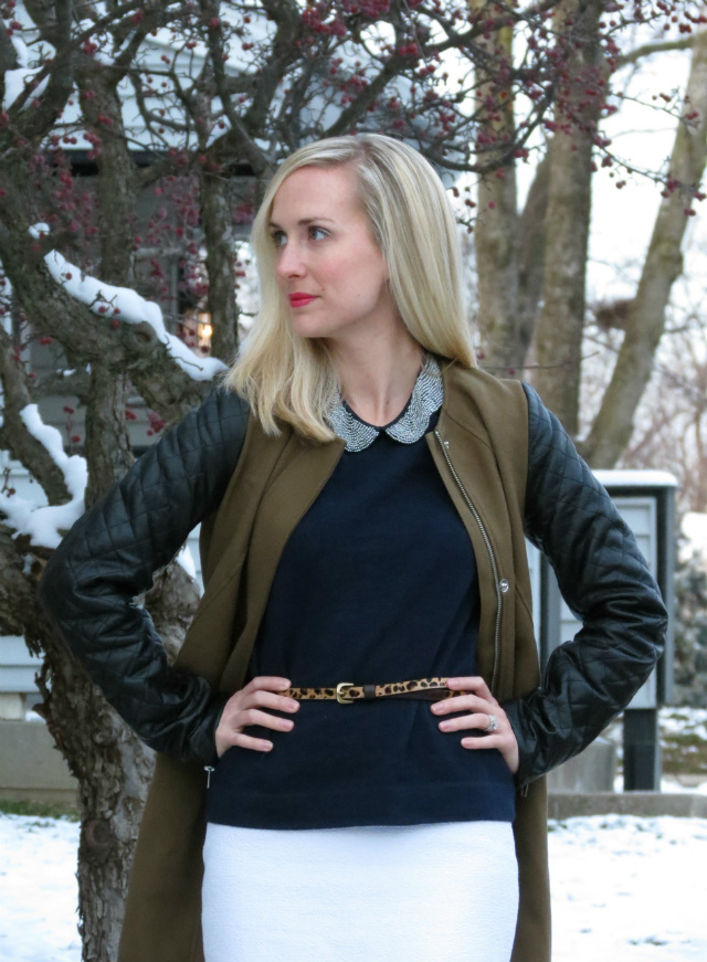 leather sleeve trench, peter pan collar, business casual outfit, law school style, madewell leopard belt, nine west wedges