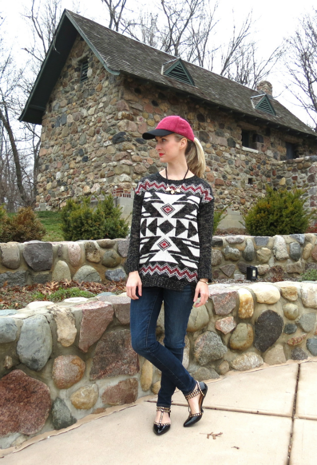 magnolia boutique aztec sweater, american eagle jeggings, valentino flat knockoffs, target fashion baseball cap