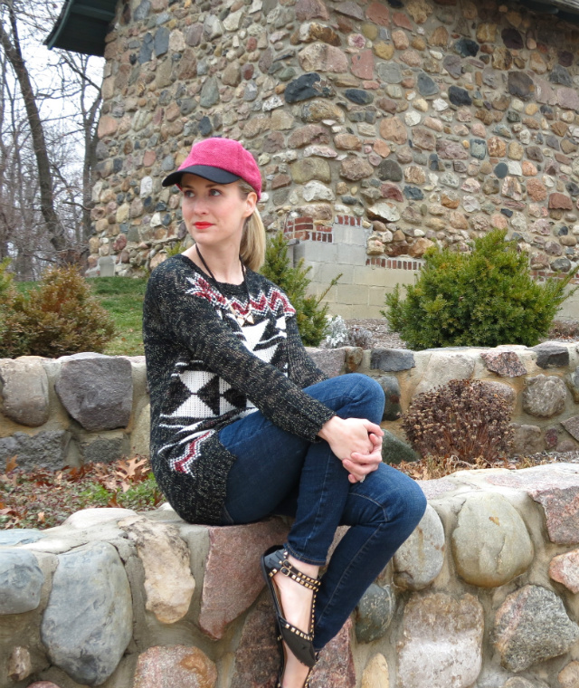 magnolia boutique aztec sweater, american eagle jeggings, valentino flat knockoffs, target fashion baseball cap