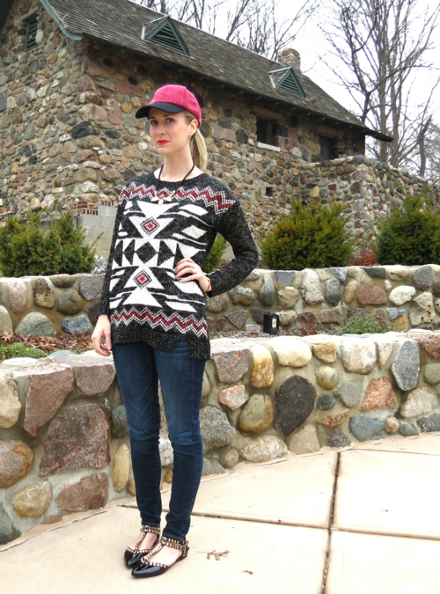 magnolia boutique aztec sweater, american eagle jeggings, valentino flat knockoffs, target fashion baseball cap