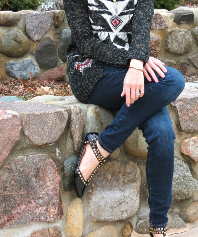 magnolia boutique aztec sweater, american eagle jeggings, valentino flat knockoffs, target fashion baseball cap