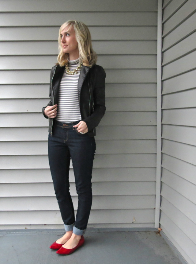 j crew pearl necklace, poetic justice jeans, express minus the leather jacket, nine west flats